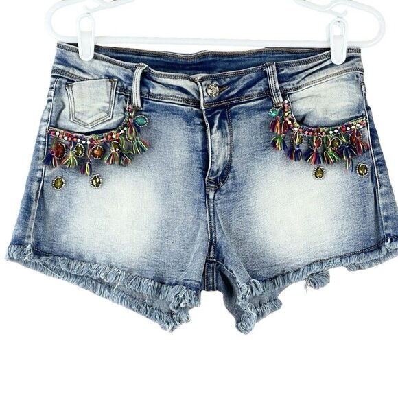 Chelsea & Violet Stretch Blue Denim Shorts Size 30 Fringed Cut off Beads Tassels - Picture 1 of 10